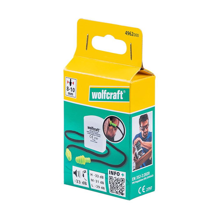 Wolfcraft 4962000 Tapones de Protección Auditiva con Cordón y Estuche (CE), Reutilizables, SNR 33 dB, para Maquinaria Pesada