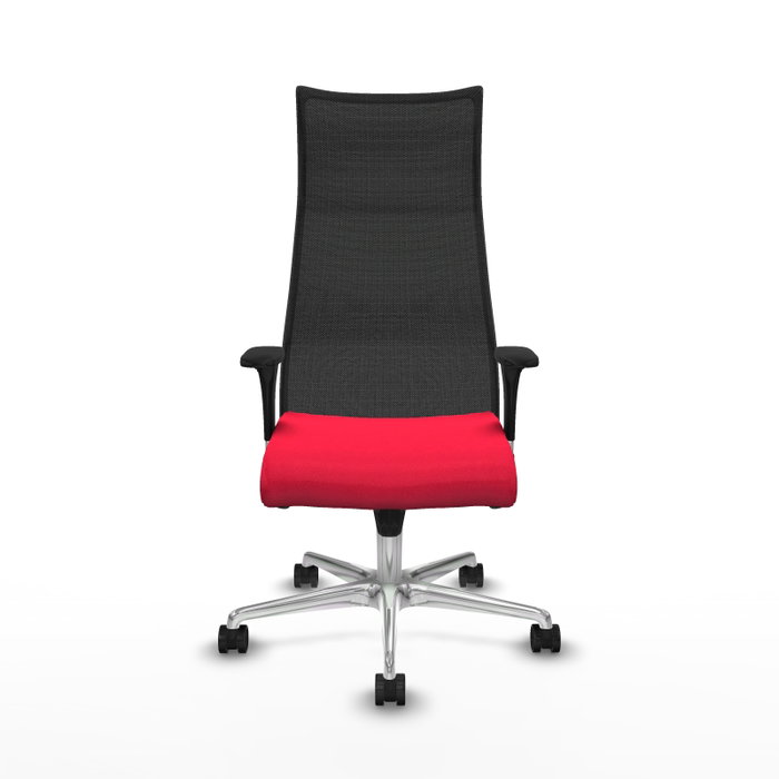 Sillón Albacete con mecanismo Sincro tapizada con Tela color Rojo y malla color Negro. Equipado con Base aluminio, Brazos 1D y Ruedas 65mm nailon