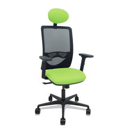 Silla de oficina Zulema con mecanismo Sincro tapizada con Tela color Pistacho y malla color Negro. Equipada con lumbar 1D, Brazos 2D, Cabecero Fijo y Ruedas 65mm nailon