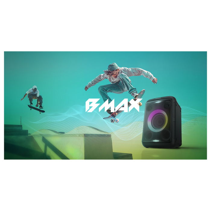 Panasonic SC-BMAX5E-K - Altavoz Bluetooth Inalámbrico Portátil, 2.1 Canales 75W RMS, Conectividad Bluetooth 5.0 y Auxiliar, con Batería, Radio FM, LED, Color Negro