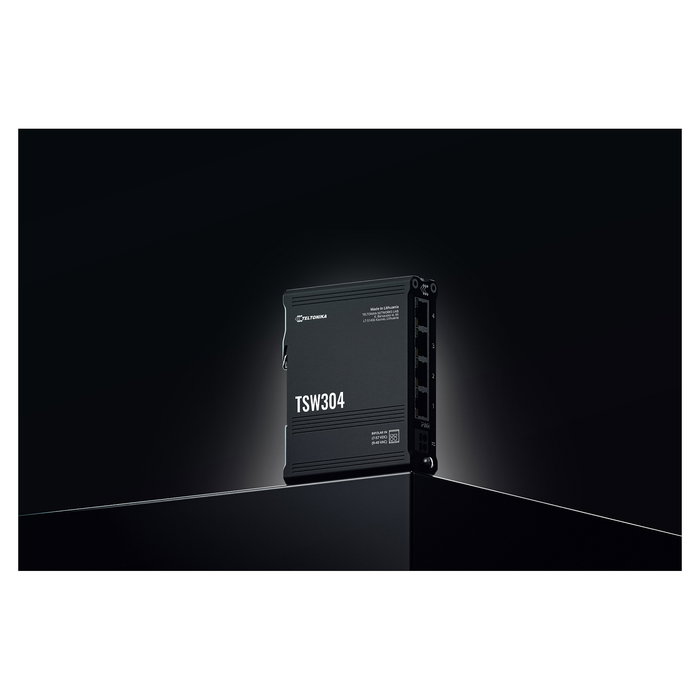 Teltonika TSW304 Switch Industrial 4 Puertos Gigabit con PoE Pasivo y Montaje en Rail DIN - 8 Gb/s, IP30, Aluminio Negro