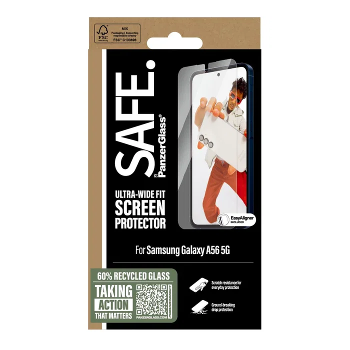 PanzerGlass Protector de Pantalla PanzerGlass SAFE para Samsung Galaxy A56 5G Ultra-Wide Fit con EasyAligner, Vidrio Templado Resistente a Rayones y Golpes