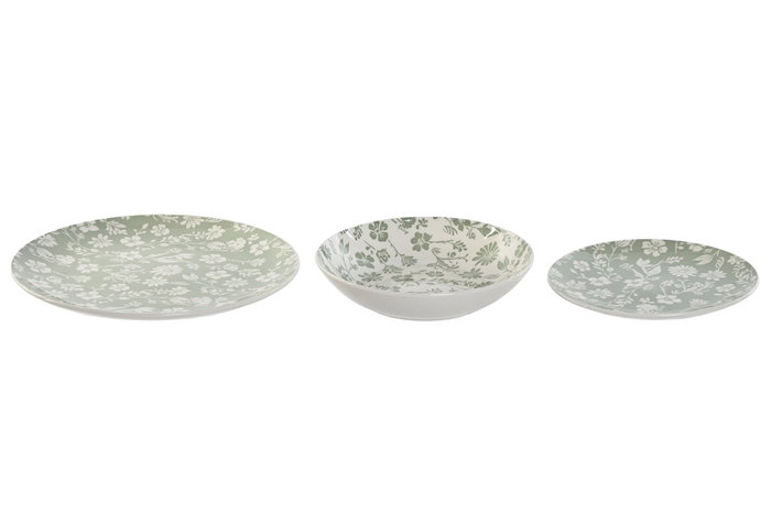 DKD Home Decor Set de Vajilla de Porcelana Floral Verde de 18 Piezas