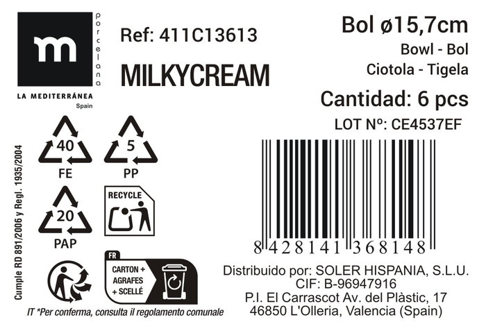 La Mediterranea Bol Milkycream ø15.7x7.2cm (Pack de 12)