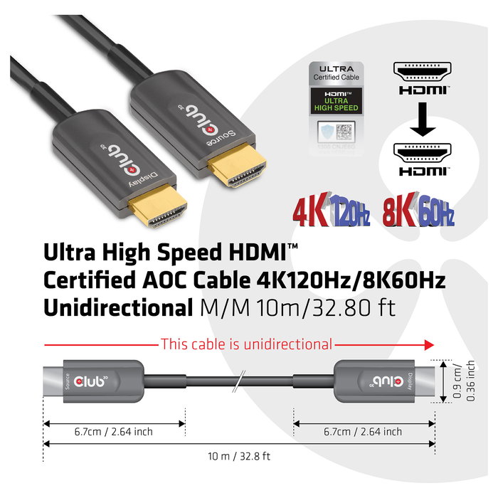 Club 3D CAC-1376 Cable HDMI Activo Óptico A-A 8K 60Hz 48 Gbps, 10 metros, Negro, ARC, HDR