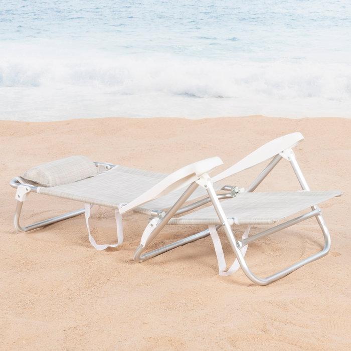 Aktive Silla de playa plegable y reclinable 8 posiciones beige con cojín y asas de mano