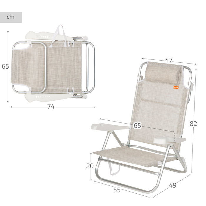 Aktive Silla de playa plegable y reclinable 8 posiciones beige con cojín y asas de mano