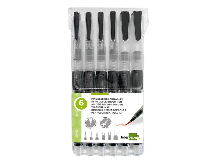 Liderpapel Pincel Recargable con Depósito de Agua Set de 6 Unidades, Puntas Surtidas para Acuarela Liderpapel Pincel Recargable con Depósito de Agua Set de 6 Unidades, Puntas Surtidas para Acuarela