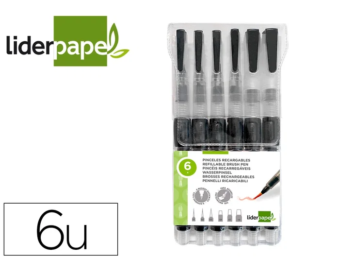 Liderpapel Pincel Recargable con Depósito de Agua Set de 6 Unidades, Puntas Surtidas para Acuarela Liderpapel Pincel Recargable con Depósito de Agua Set de 6 Unidades, Puntas Surtidas para Acuarela