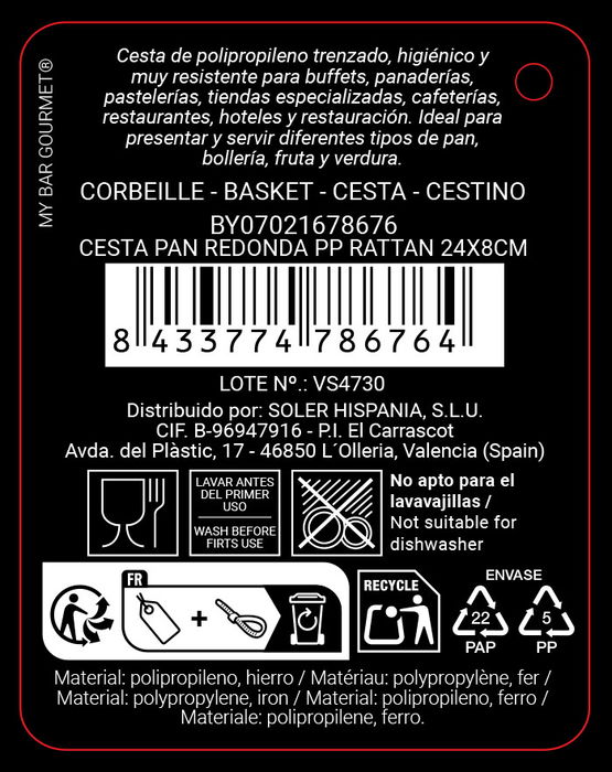 My Bar Cesta para Pan Redonda de Rattan PP, 24 x 8 cm (24 Unidades)