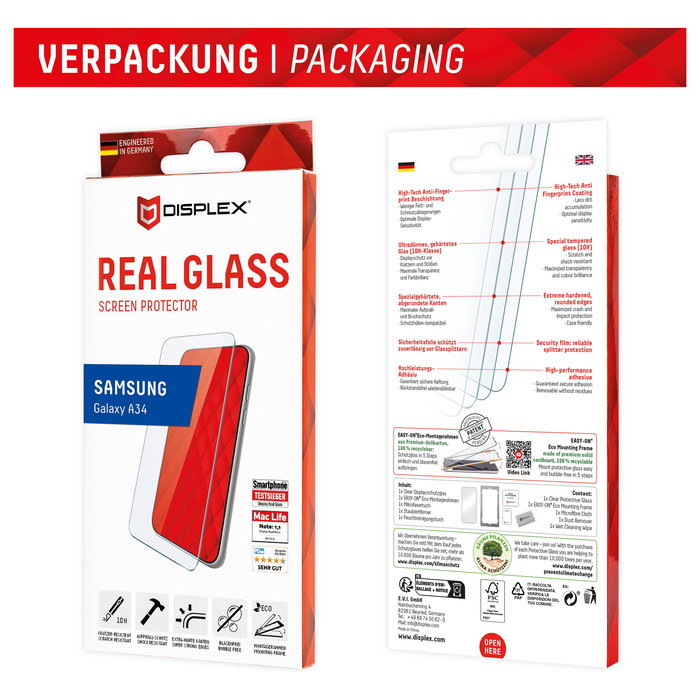Displex DISPLEX Panzerglas 2D/ Clear (10H) Protector de Pantalla de Cristal Templado para Samsung Galaxy A34, Aplicación en Seco, Anti-Rayaduras y Antihuellas