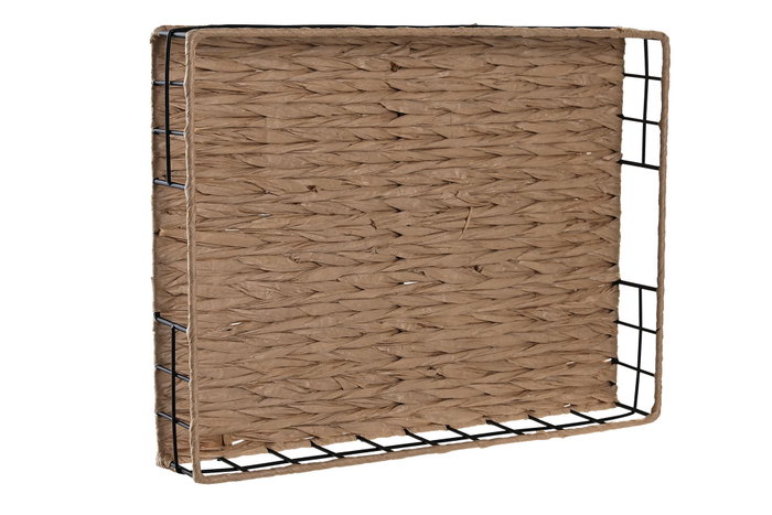 DKD Home Decor Bandeja de Decoración Metal y Fibra Natural y Negro 40x30x6 cm