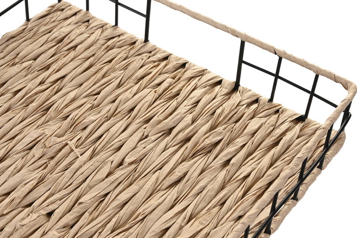 DKD Home Decor Bandeja de Decoración Metal y Fibra Natural y Negro 40x30x6 cm