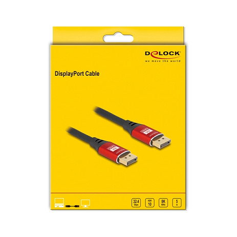 DeLOCK Cable DisplayPort 1.4 8K a 60 Hz 5 metros, Rojo Metálico, Resolución 7680x4320, Conectores Macho-Derecho, Blindado Triple Capa