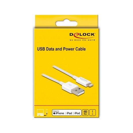 DeLOCK Cable USB de Datos y Carga para iPhone, iPad, iPod 1 m - Blanco, USB A Macho, USB 2.0, 3 A