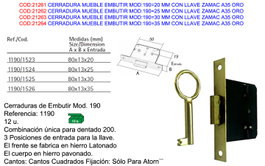 Cerradura de embutir para mueble MOD:190=25 mm con llave Zamac A35 Oro