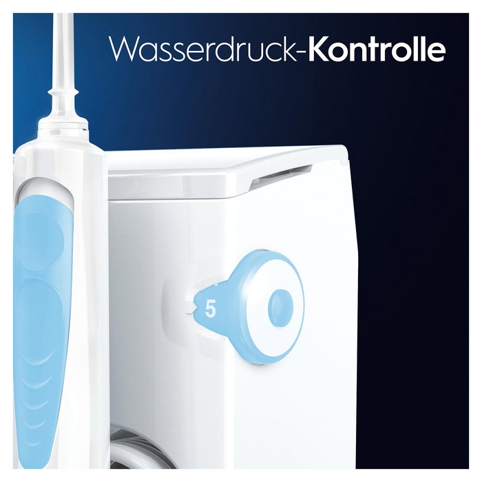 Oral-B Oxyjet JAS23 Munddusche con Bluetooth, Sensor de Presión Inteligente, Temporizador y Cargador - Blanco