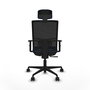 Silla de oficina Yunquera con mecanismo Sincro tapizada con Tela color Azul marino y malla color Negro. Equipada con lumbar 1D, Brazos 1D, Cabecero 1D y Ruedas 65mm nailon