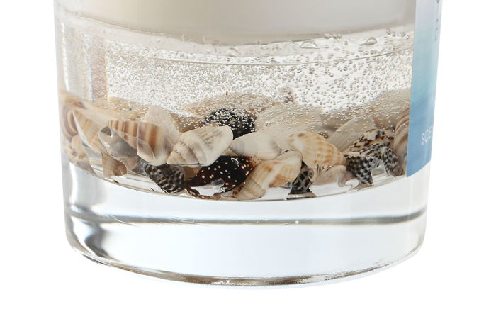 DKD Home Decor Vela Mediterraneo Blanco Cristal y Conchas Perfumada 8 x 9.3 x 8 cm