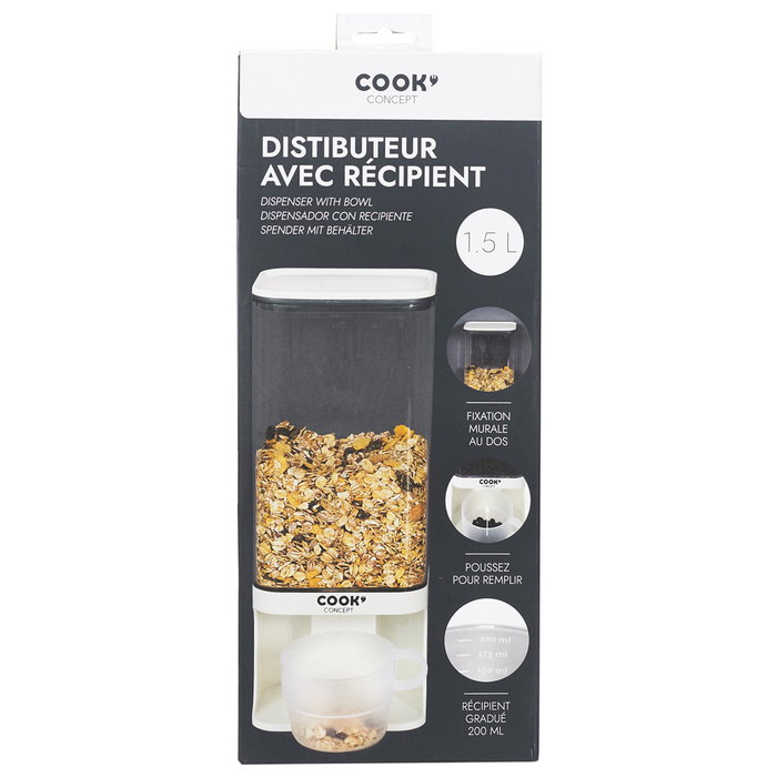 Cook Concept Dispensador 1,5 L para Cereales, Café, Frutos Secos, con Vaso Graduado y Fijación a Pared
