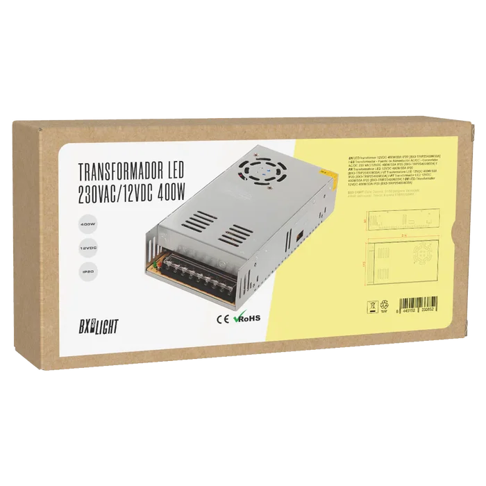 BX3 LIGHT Transformador Fuente de Alimentación AC/DC Convertidor 230 VAC a 12VDC 400W 33A IP25, para Tiras LED e Iluminación BX3 LIGHT Transformador Fuente de Alimentación AC/DC Convertidor 230 VAC a 12VDC 400W 33A IP25, para Tiras LED e Iluminación