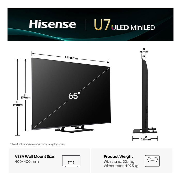 Hisense 65U7NQ Televisor 65" 164 cm 4K ULED Mini LED Smart TV, 144Hz, HDR10+ Adaptive, HDMI 2.1, Bluetooth, WLAN, Negro