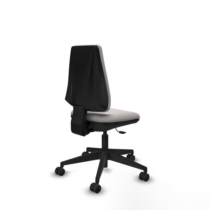 Silla de oficina Elche con mecanismo Contacto permanente básico tapizada con Similpiel color Blanco. Equipada con Base piramidal negra, Sin brazos y Ruedas 65mm nailon