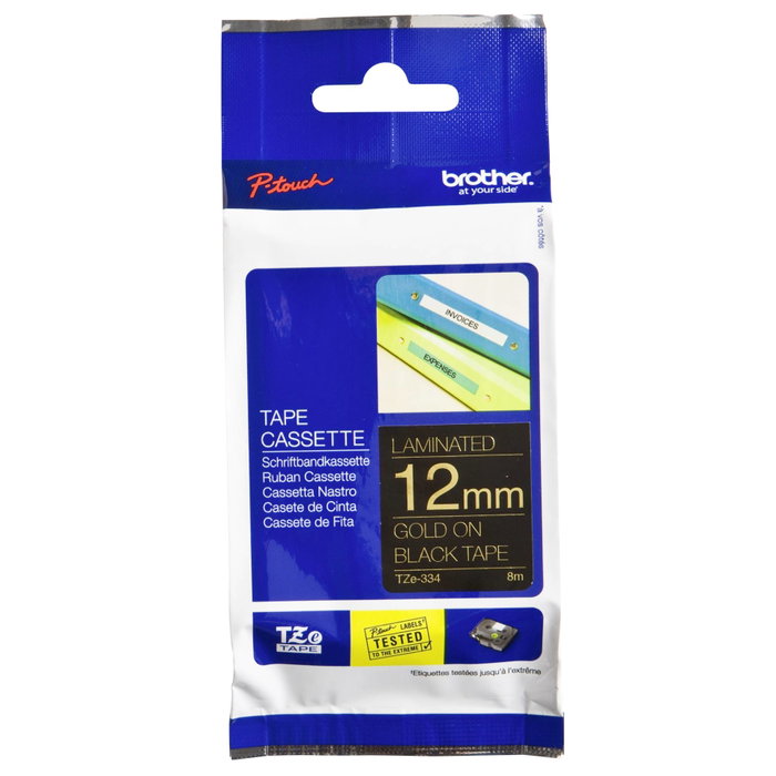 Brother TZe-334 Cinta Laminada 12mm Oro sobre Negro