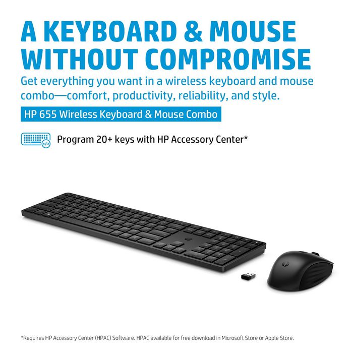 HP 655 Teclado y Ratón Inalámbricos Combo - Alta Productividad, Personalizable, Materiales Reciclados, Fácil Limpieza, Germany