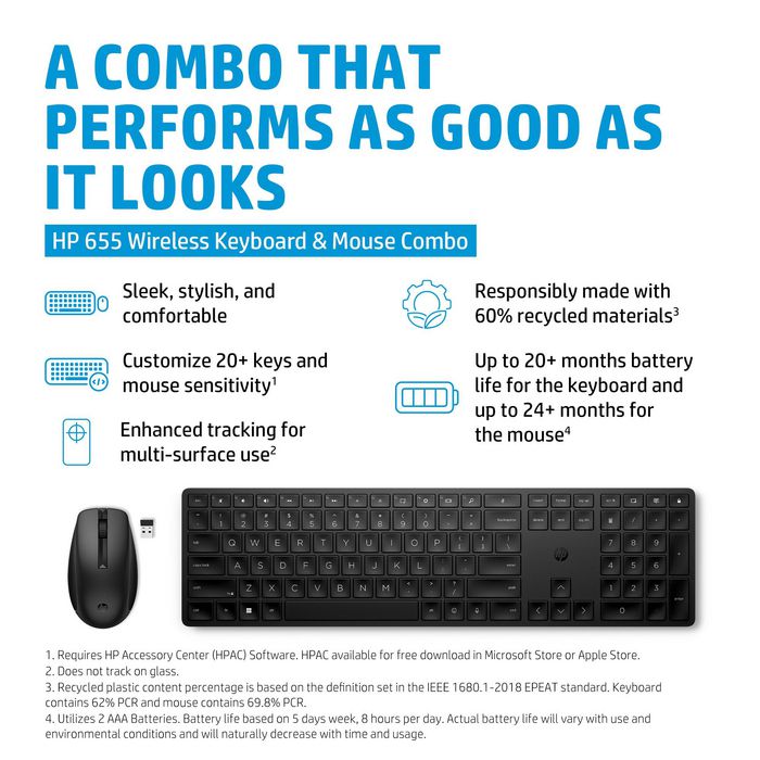 HP 655 Teclado y Ratón Inalámbricos Combo - Alta Productividad, Personalizable, Materiales Reciclados, Fácil Limpieza, Germany