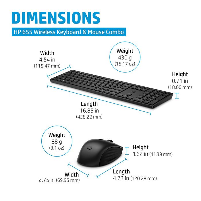 HP 655 Teclado y Ratón Inalámbricos Combo - Alta Productividad, Personalizable, Materiales Reciclados, Fácil Limpieza, Germany