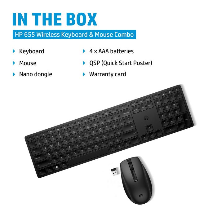 HP 655 Teclado y Ratón Inalámbricos Combo - Alta Productividad, Personalizable, Materiales Reciclados, Fácil Limpieza, Germany