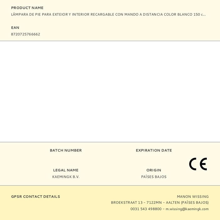 Lumineo Lámpara de pie para exterior y interior recargable con mando a distancia, 894460, color blanco, 150 cm