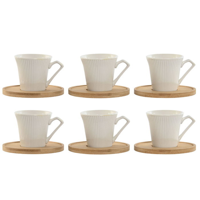 DKD Home Decor Set de café de porcelana y bambú, 6 piezas, Blanco