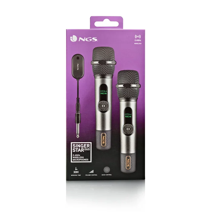 NGS Singer Star Duo - Pack de 2 Micrófonos Inalámbricos Profesionales para Karaoke, Negro, RF 2.4GHz, Hasta 30h Autonomía