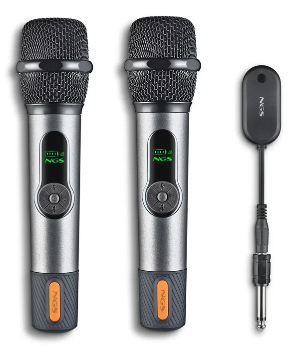 NGS Singer Star Duo - Pack de 2 Micrófonos Inalámbricos Profesionales para Karaoke, Negro, RF 2.4GHz, Hasta 30h Autonomía