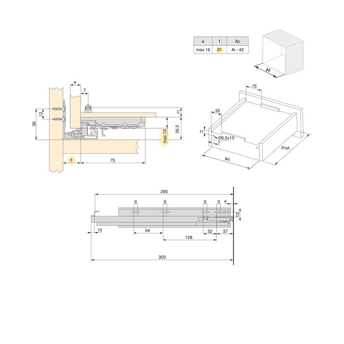 Emuca Juego de guías ocultas para cajones Silver, de extracción total, con cierre suave y enganche, profundidad 290mm, Acero, Cincado