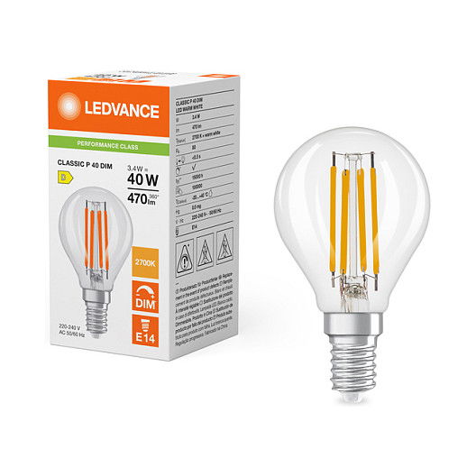 OSRAM CLP40 DIM 3.4W 827 FIL CL E14 P Bombilla LED Forma Gota Dimmable Blanco Cálido 2700K E14 3.4W