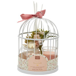 Home Deco Factory Juego Difusor, Vela y Jaula Cadeaux P. Elle - Aroma Rêve Poudre, Cera 40g, Duración 8h, 14x14x20 cm