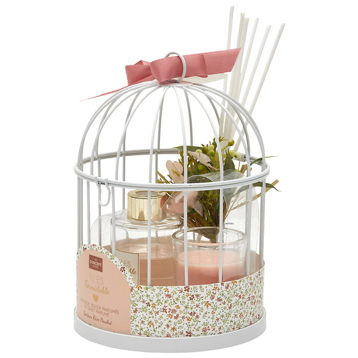 Home Deco Factory Juego Difusor, Vela y Jaula Aroma Rêve Poudre - Colección Pour Elle, Cera 40g, Duración 8h