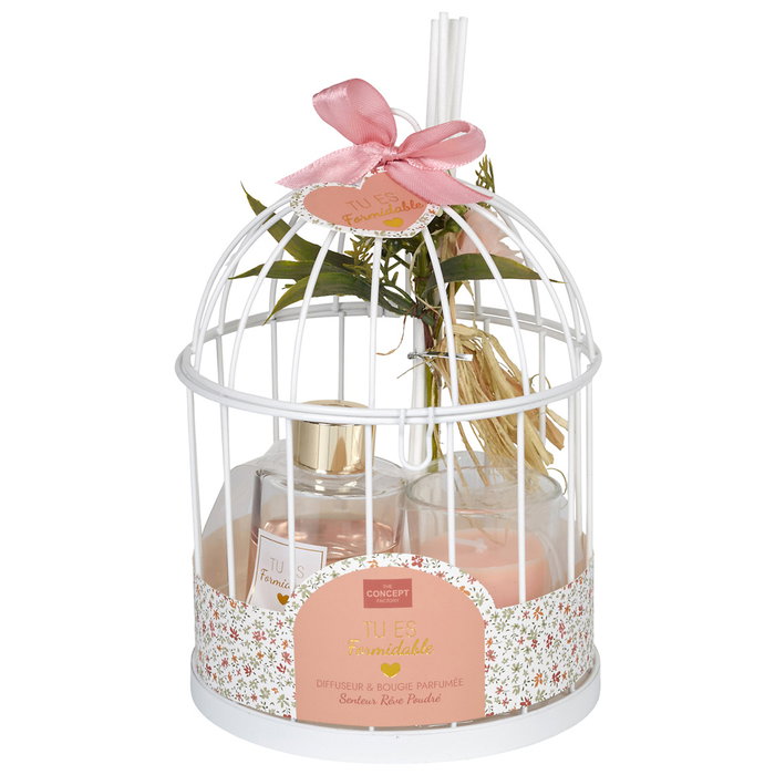 Home Deco Factory Juego Difusor, Vela y Jaula Aroma Rêve Poudre - Colección Pour Elle, Cera 40g, Duración 8h