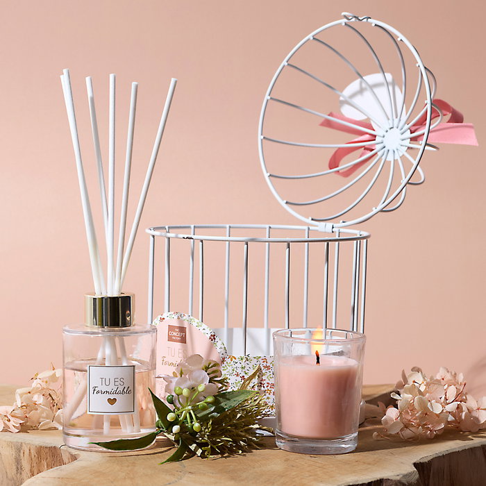 Home Deco Factory Juego Difusor, Vela y Jaula Aroma Rêve Poudre - Colección Pour Elle, Cera 40g, Duración 8h