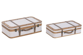 DKD Home Decor Baúl Alpino de Madera y Poliéster, Blanco y Marrón, Set de 2 Piezas (36 x 18 x 62 cm)