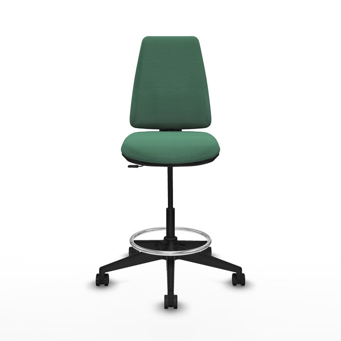 Taburete Elche con mecanismo Contacto permanente básico tapizada con Tela color Verde esmeralda. Equipado con Base piramidal negra, Sin brazos y Ruedas 65mm nailon
