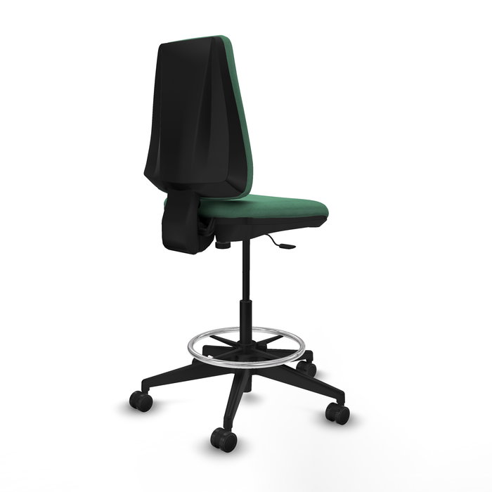 Taburete Elche con mecanismo Contacto permanente básico tapizada con Tela color Verde esmeralda. Equipado con Base piramidal negra, Sin brazos y Ruedas 65mm nailon