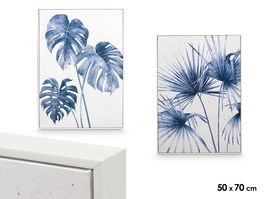 Giftdecor Cuadro Lienzo Marco Blanco Hojas Azul Surtidos 50x70x3 cm (Set de 2)
