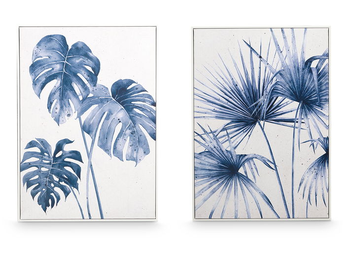 Giftdecor Cuadro Lienzo Marco Blanco Hojas Azul Surtidos 50x70x3 cm (Set de 2)