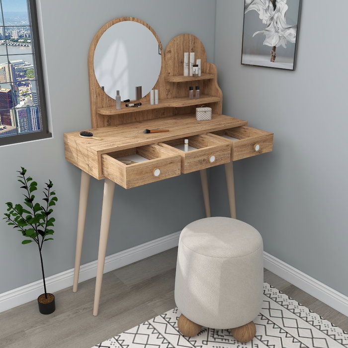 Hanah Home Mesa de Maquillaje Atlantic Pine con Espejo de Tablero de Partículas y Patas de Haya 74cm Hanah Home Mesa de Maquillaje Atlantic Pine con Espejo de Tablero de Partículas y Patas de Haya 74cm