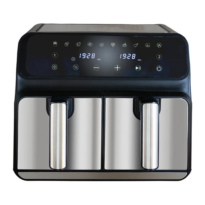 UNOLD 58685 Freidora de Aire Caliente Doble Cámara TWIN ZONE, 8L, 1700W, 10 Programas, Función Deshidratar, Pantalla LED, Negro/Gris