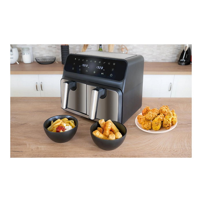 UNOLD 58685 Freidora de Aire Caliente Doble Cámara TWIN ZONE, 8L, 1700W, 10 Programas, Función Deshidratar, Pantalla LED, Negro/Gris